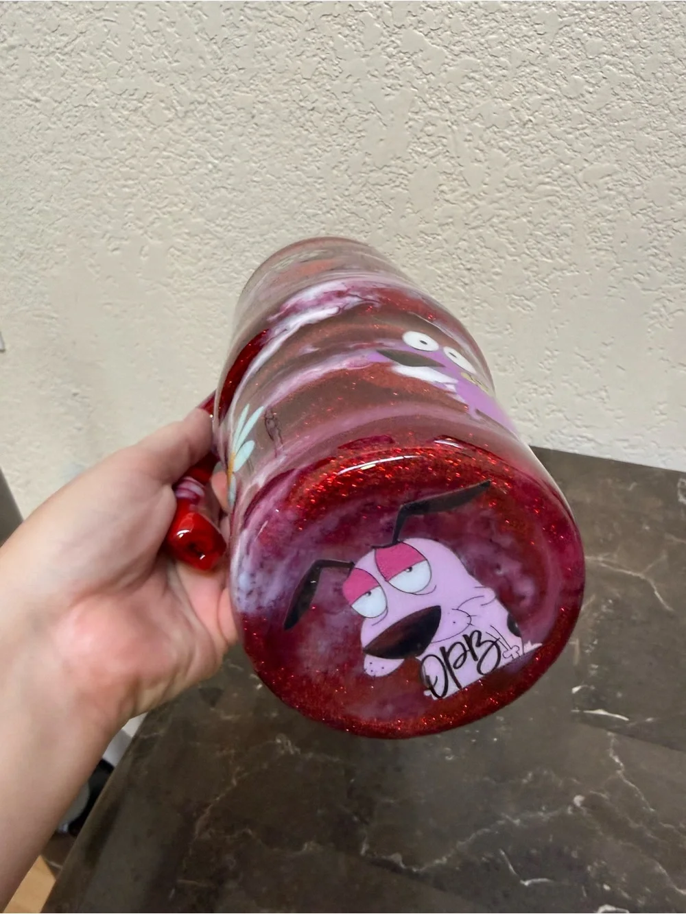 Courage the Cowardly Dog Red Marble Glitter Tumbler Cup 30 oz Handle Handmade